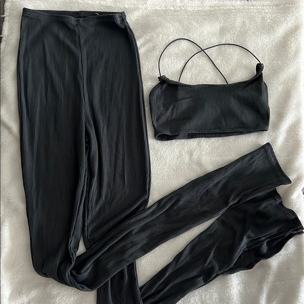 Stylish Black Ribbed Two-Piece Set